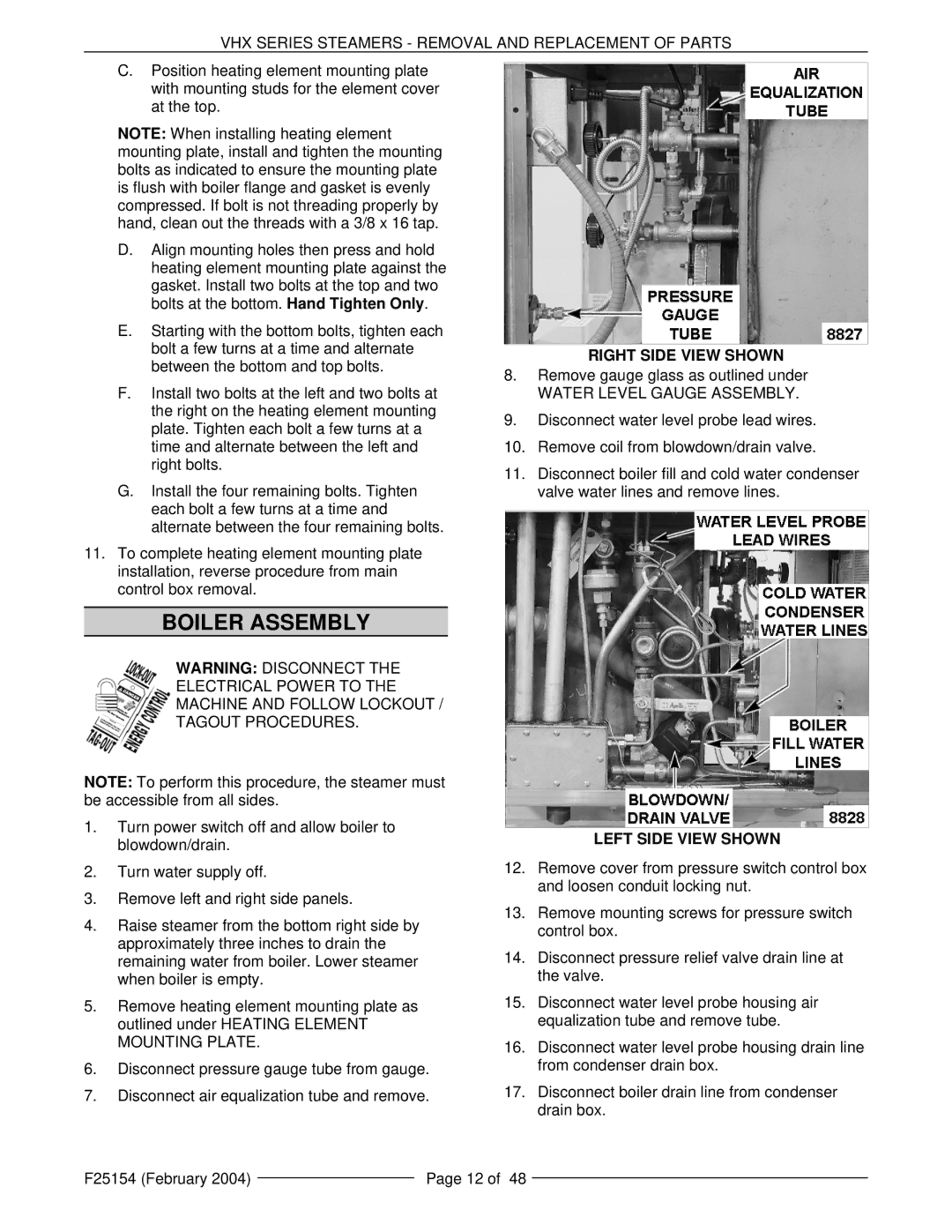 Vulcan-Hart VHX24E service manual Boiler Assembly, Right Side View Shown 