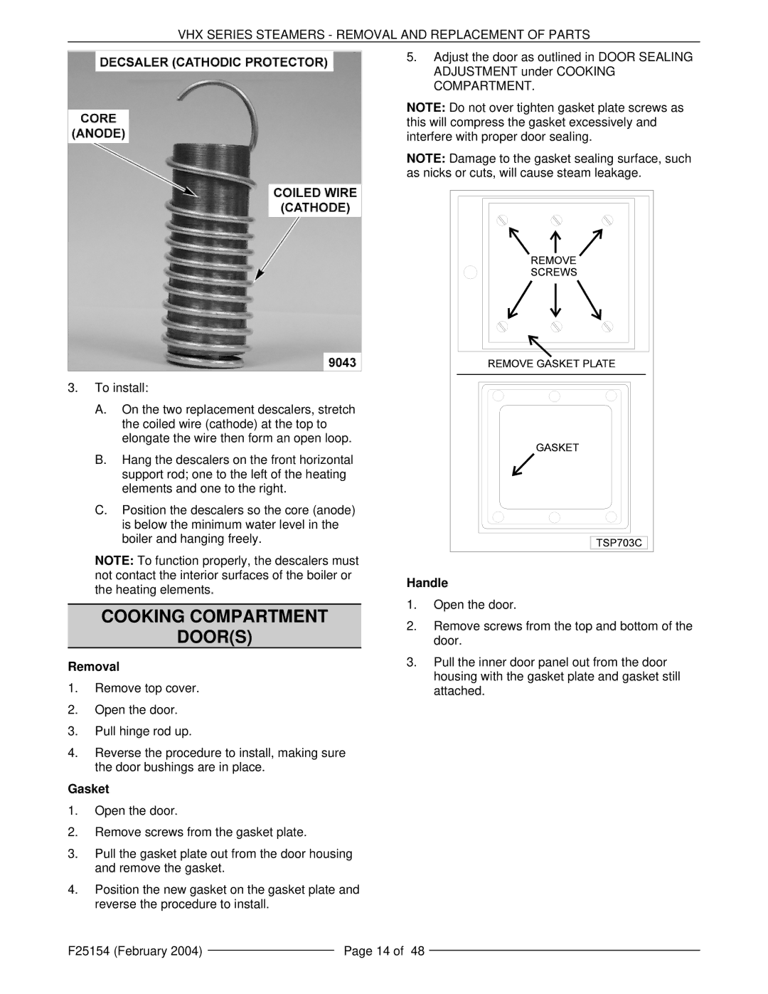 Vulcan-Hart VHX24E service manual Cooking Compartment Doors, Removal, Gasket, Handle 