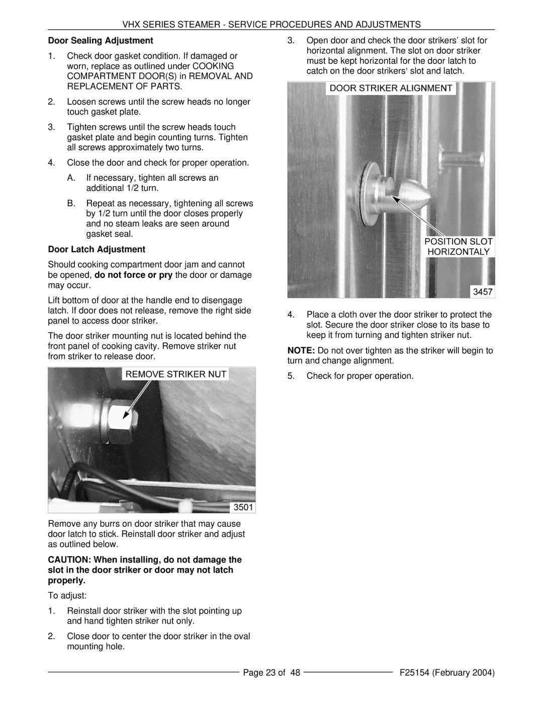 Vulcan-Hart VHX24E service manual Door Sealing Adjustment, Door Latch Adjustment 