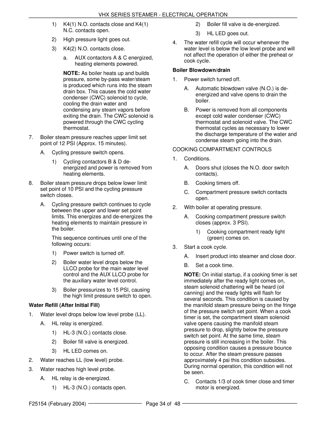 Vulcan-Hart VHX24E service manual Water Refill After Initial Fill, Boiler Blowdown/drain 