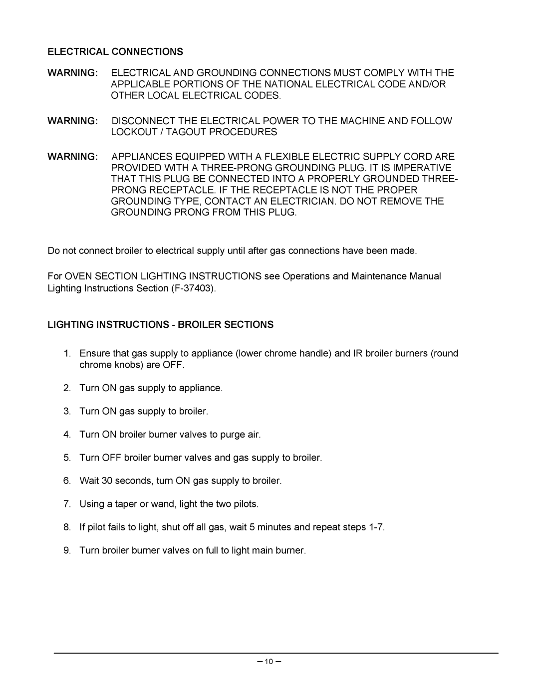 Vulcan-Hart VIR1SF, VIR1CF, VIR1BF, VIR1F manual Electrical Connections, Lighting Instructions Broiler Sections 