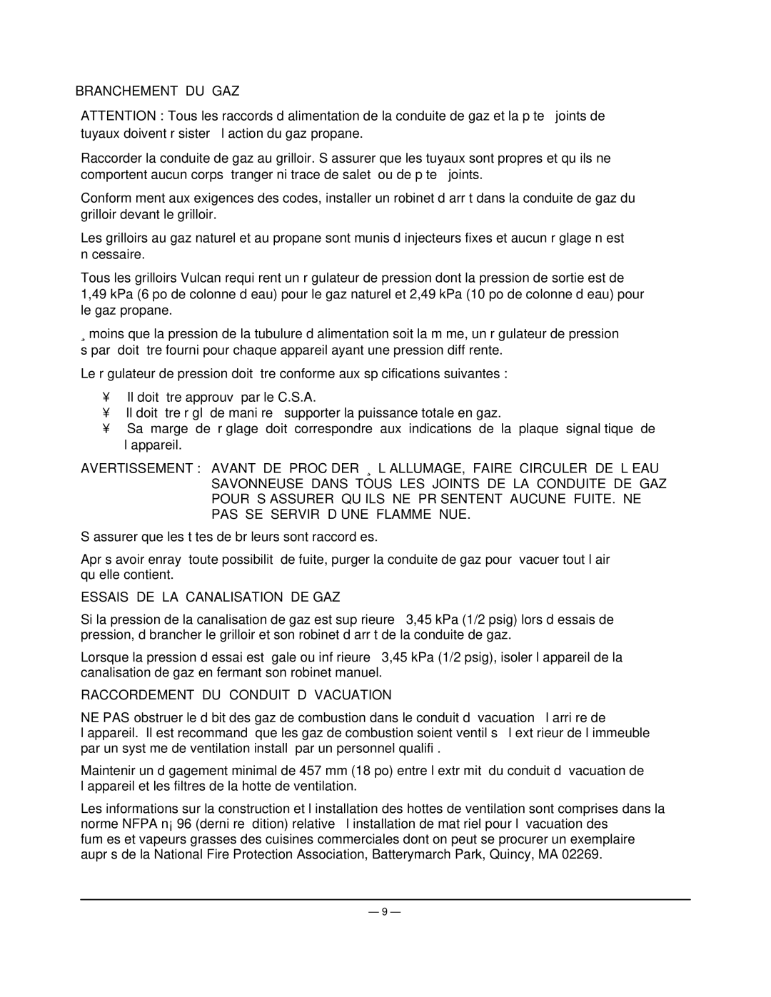 Vulcan-Hart VIR1BF, VIR1CF manual Branchement DU GAZ, Essais DE LA Canalisation DE GAZ, Raccordement DU Conduit D’ÉVACUATION 