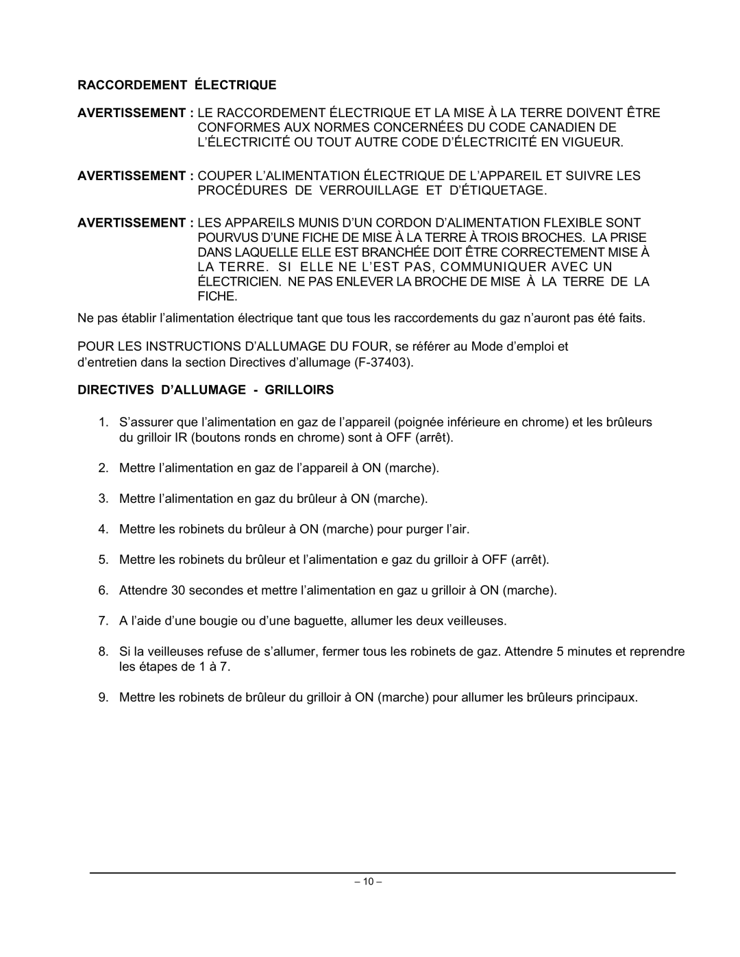 Vulcan-Hart VIR1SF, VIR1CF, VIR1BF, VIR1F manual Raccordement Électrique, Directives D’ALLUMAGE Grilloirs 