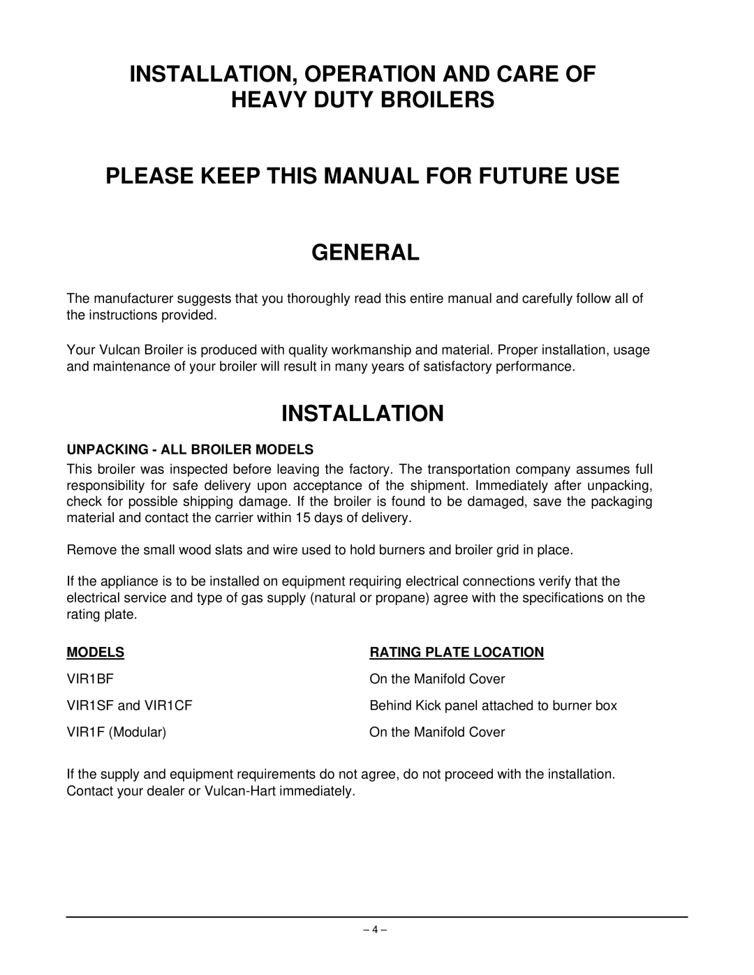 Vulcan-Hart VIR1CF, VIR1BF, VIR1SF, VIR1F manual Unpacking ALL Broiler Models, Models Rating Plate Location 