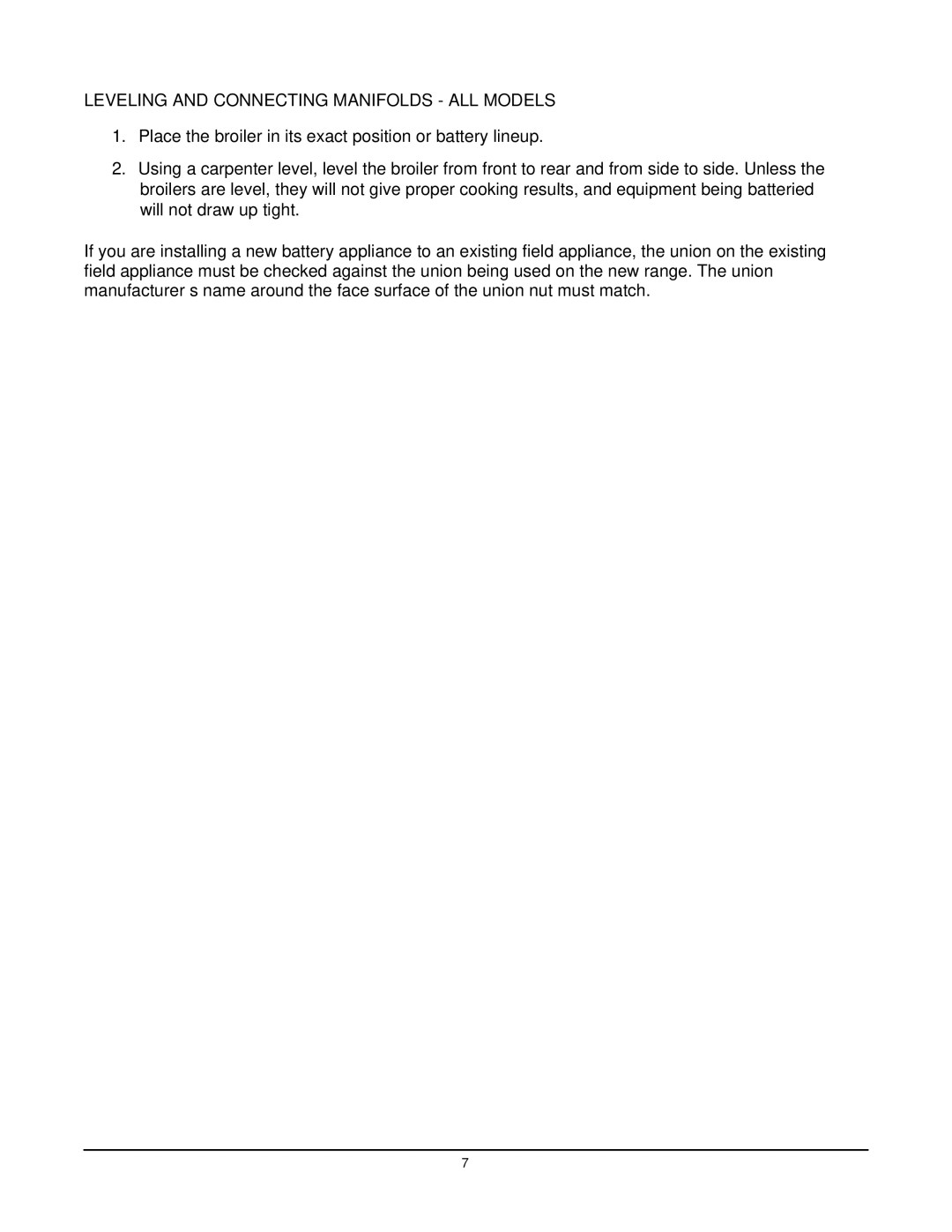 Vulcan-Hart VIR1F, VIR1CF, VIR1BF, VIR1SF manual Leveling and Connecting Manifolds ALL Models 