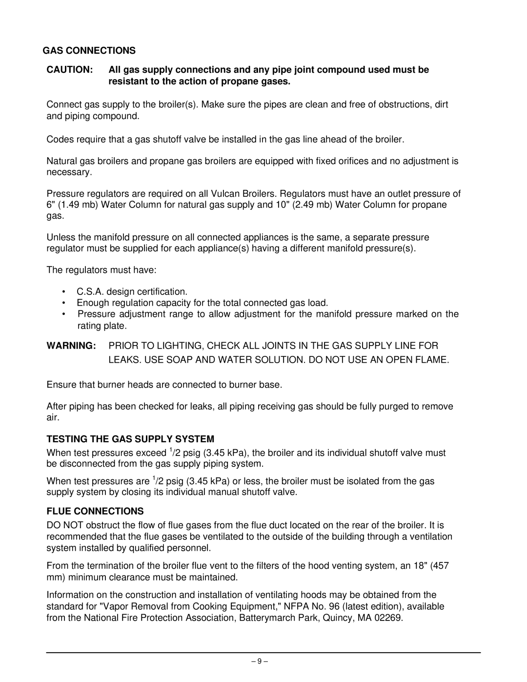 Vulcan-Hart VIR1BF, VIR1CF, VIR1SF, VIR1F manual GAS Connections, Testing the GAS Supply System, Flue Connections 