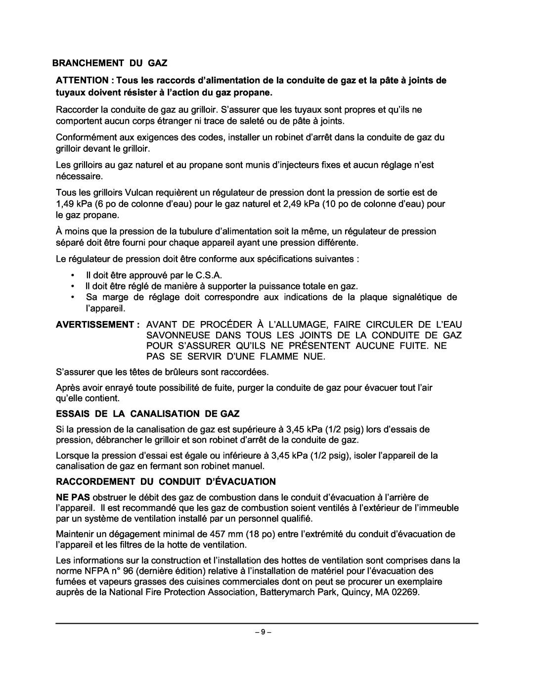 Vulcan-Hart VIR1BF, VIR1CF manual Branchement Du Gaz, Essais De La Canalisation De Gaz, Raccordement Du Conduit D’Évacuation 