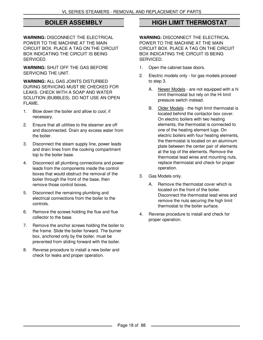 Vulcan-Hart VL3GAS, VL3GMS, VL2GMS, VL2GAS, VL2GSS, VL3GSS, VL3GPS, VL2GPS service manual Boiler Assembly High Limit Thermostat 