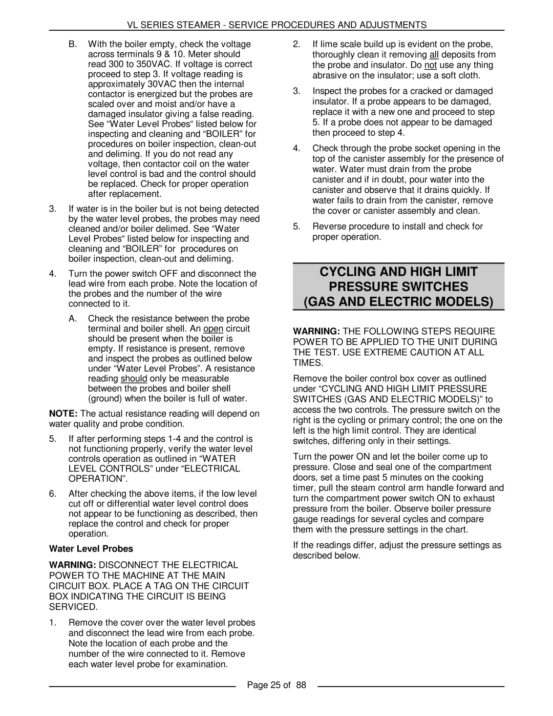 Vulcan-Hart VL2GMS, VL3GMS, VL3GAS, VL2GAS, VL2GSS, VL3GSS, VL3GPS, VL2GPS service manual Water Level Probes 