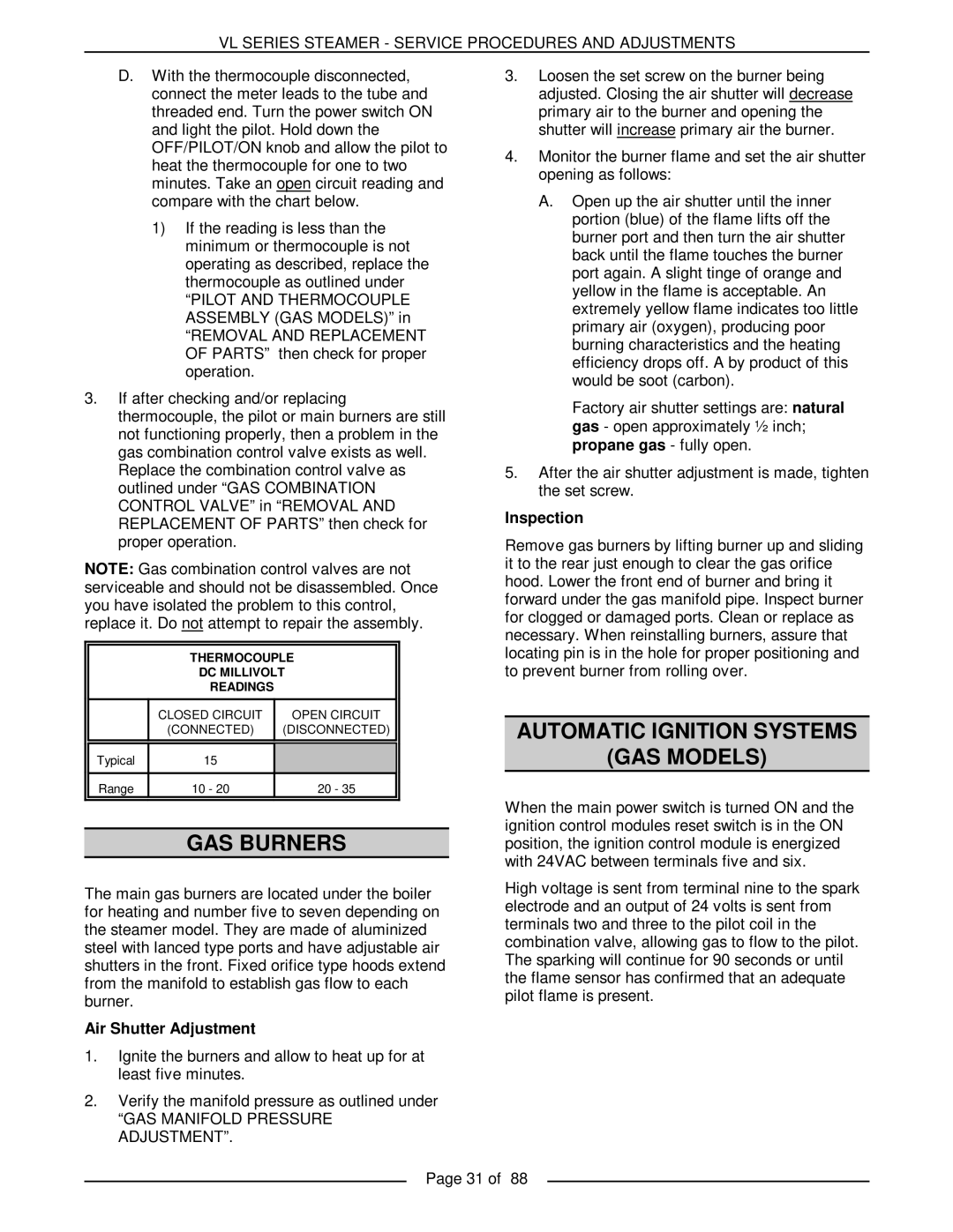 Vulcan-Hart VL2GPS, VL3GMS, VL2GMS, VL3GAS, VL2GAS GAS Burners, Automatic Ignition Systems GAS Models, Air Shutter Adjustment 