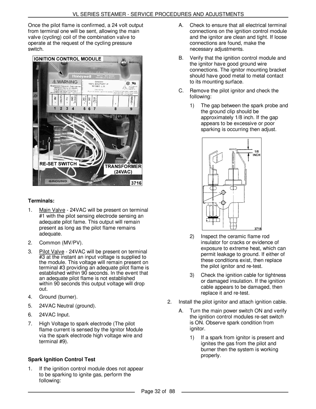 Vulcan-Hart VL3GMS, VL2GMS, VL3GAS, VL2GAS, VL2GSS, VL3GSS, VL3GPS, VL2GPS service manual Terminals, Spark Ignition Control Test 