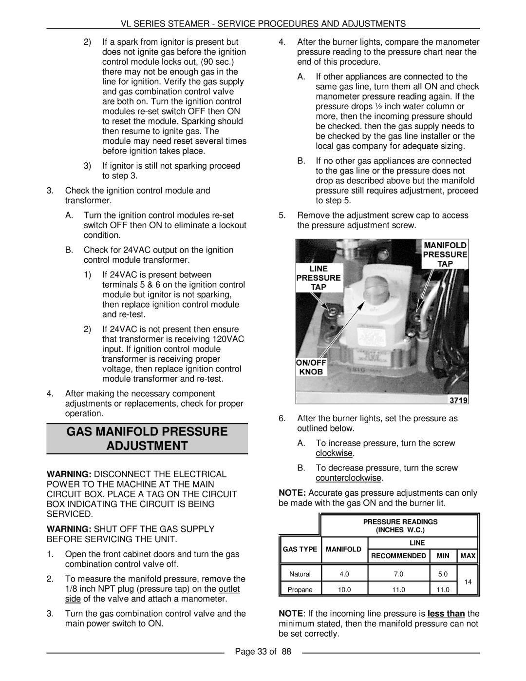 Vulcan-Hart VL2GMS, VL3GMS, VL3GAS, VL2GAS, VL2GSS, VL3GSS, VL3GPS, VL2GPS service manual GAS Manifold Pressure Adjustment 