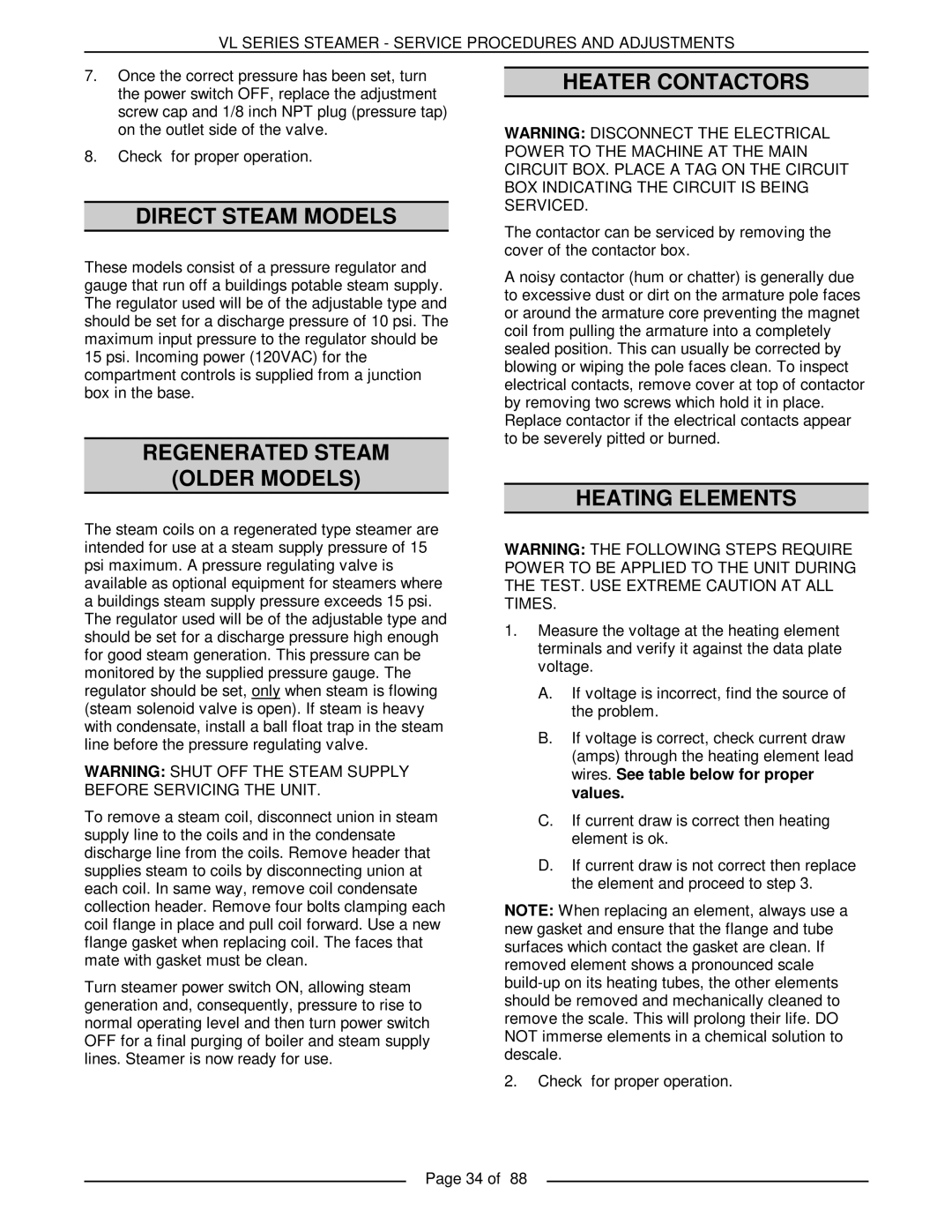 Vulcan-Hart VL3GAS, VL3GMS, VL2GMS, VL2GAS, VL2GSS Direct Steam Models, Regenerated Steam Older Models Heater Contactors 