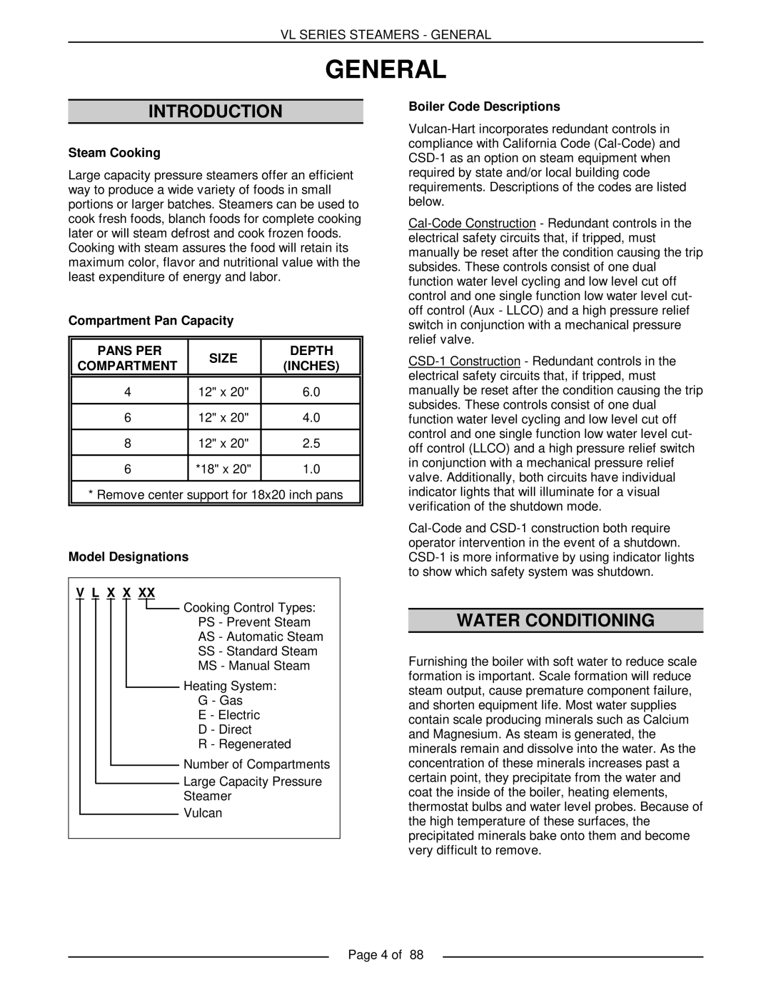 Vulcan-Hart VL2GSS, VL3GMS, VL2GMS, VL3GAS, VL2GAS, VL3GSS, VL3GPS, VL2GPS service manual Introduction, Water Conditioning 