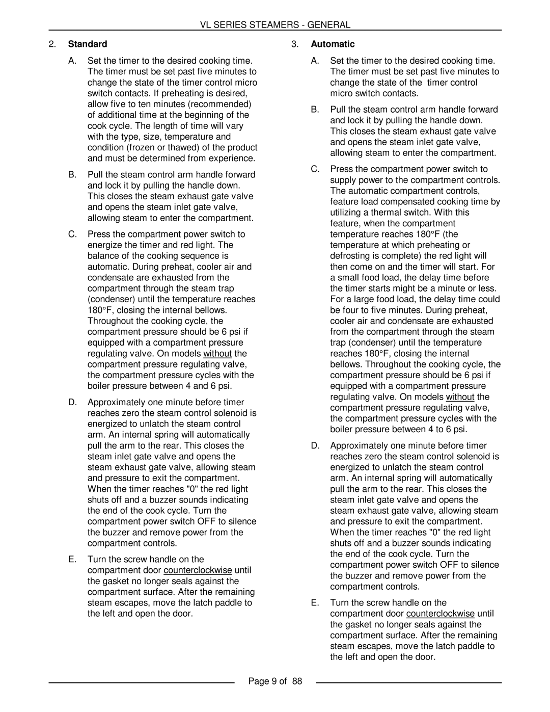 Vulcan-Hart VL2GMS, VL3GMS, VL3GAS, VL2GAS, VL2GSS, VL3GSS, VL3GPS, VL2GPS service manual Standard Automatic 