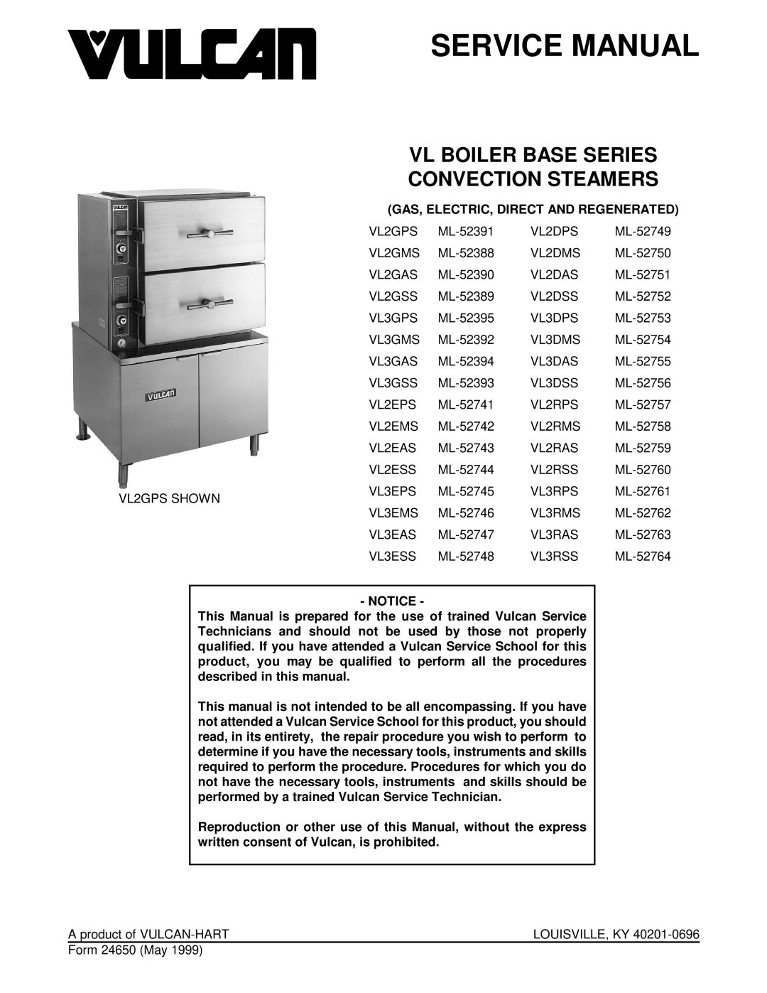 Vulcan-Hart VL2GMS, VL3GMS, VL3GAS, VL2GAS, VL2GSS service manual Vl Boiler Base Series Convection Steamers, Service Manual 