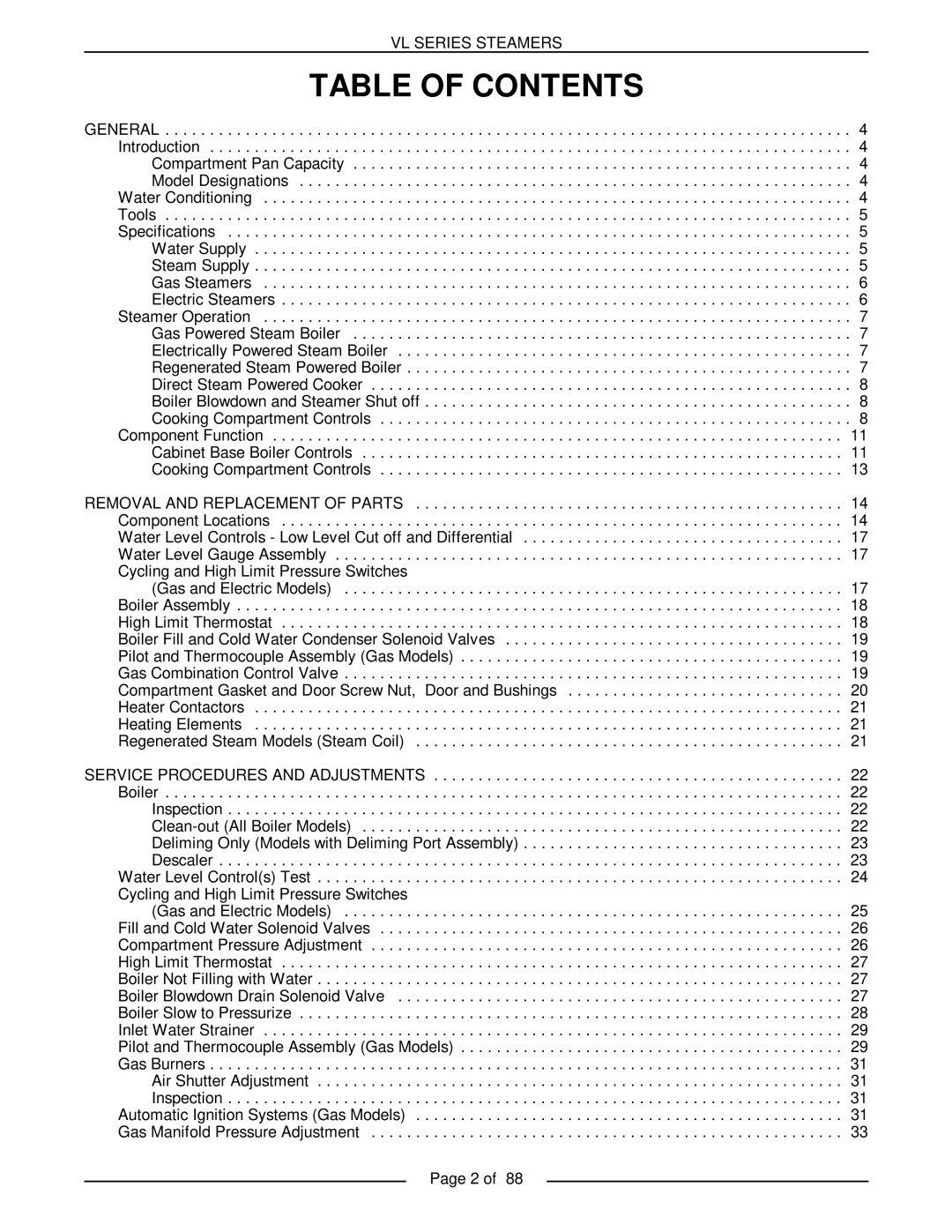 Vulcan-Hart VL3GAS, VL3GMS, VL2GMS, VL2GAS, VL2GSS, VL3GSS, VL3GPS, VL2GPS service manual Table Of Contents 