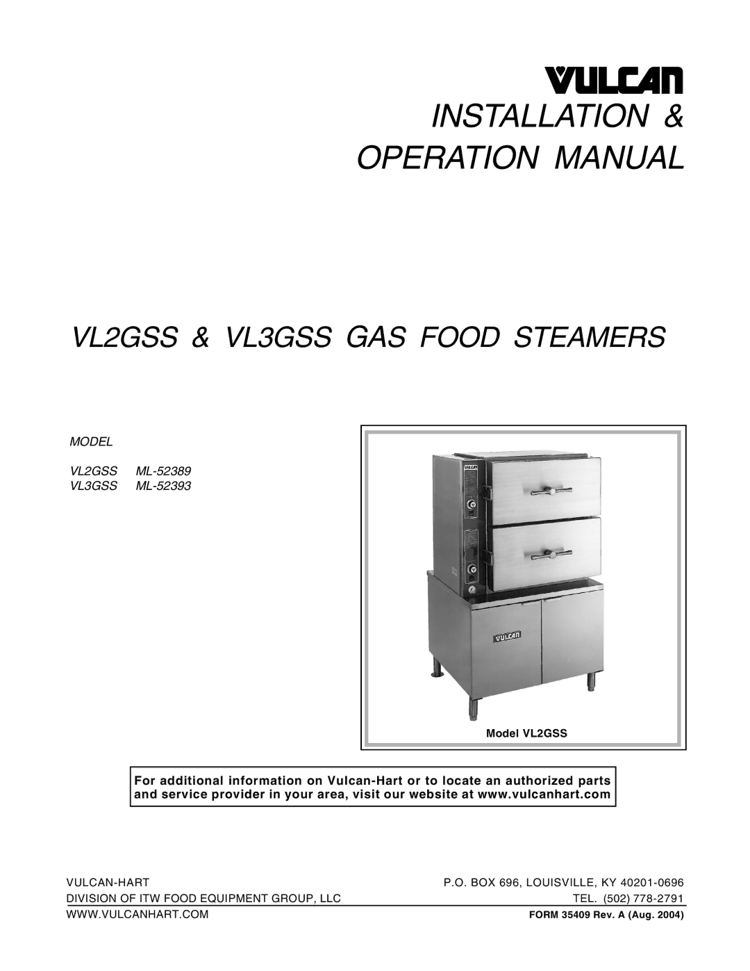 Vulcan-Hart VL2GSS ML-52389, VL3GSS ML-52393 operation manual Installation 