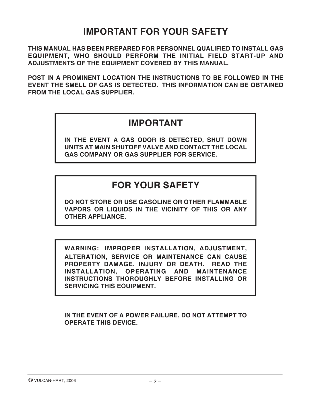 Vulcan-Hart VL3GSS ML-52393, VL2GSS ML-52389 operation manual Important for Your Safety, For Your Safety 