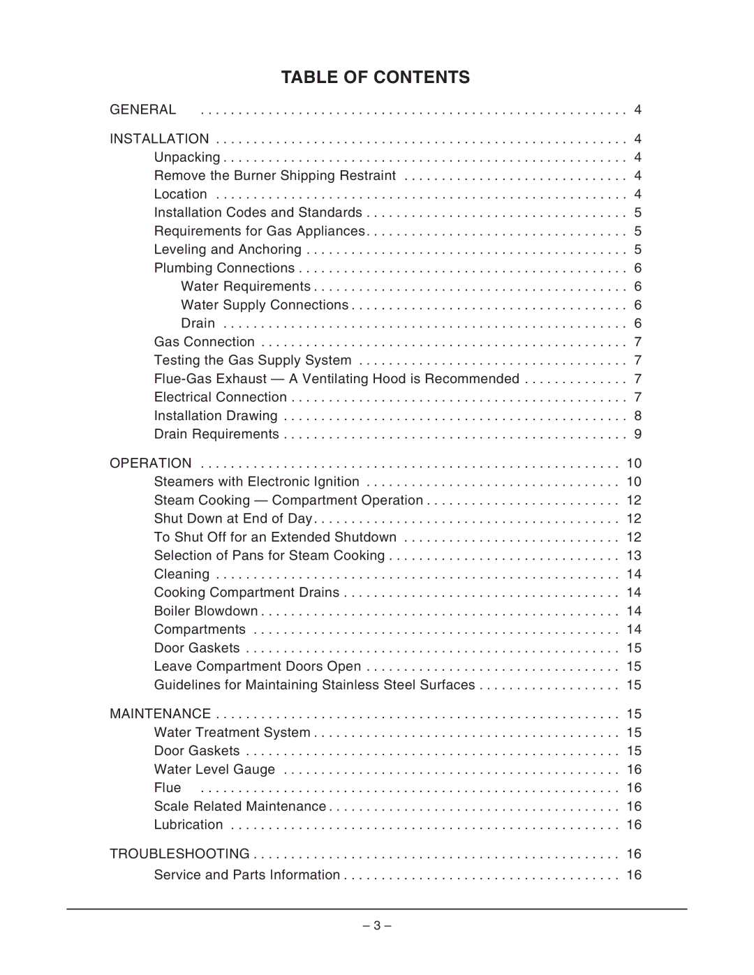 Vulcan-Hart VL2GSS ML-52389, VL3GSS ML-52393 operation manual Table of Contents 