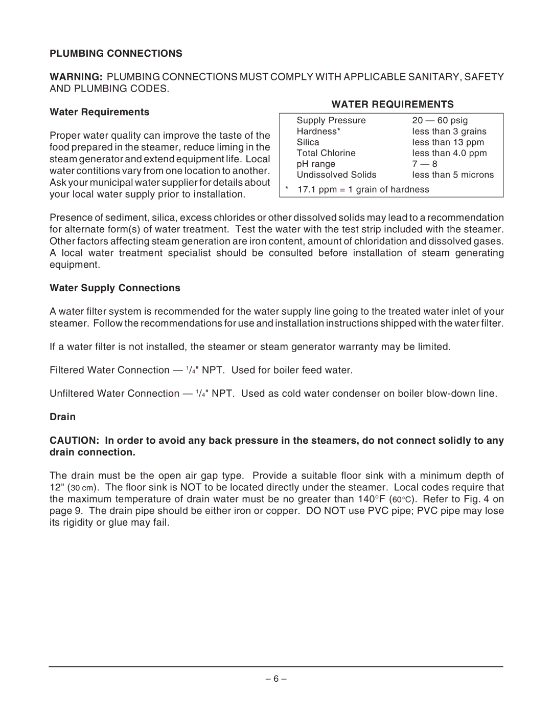 Vulcan-Hart VL3GSS ML-52393, VL2GSS ML-52389 operation manual Plumbing Connections, Water Requirements 