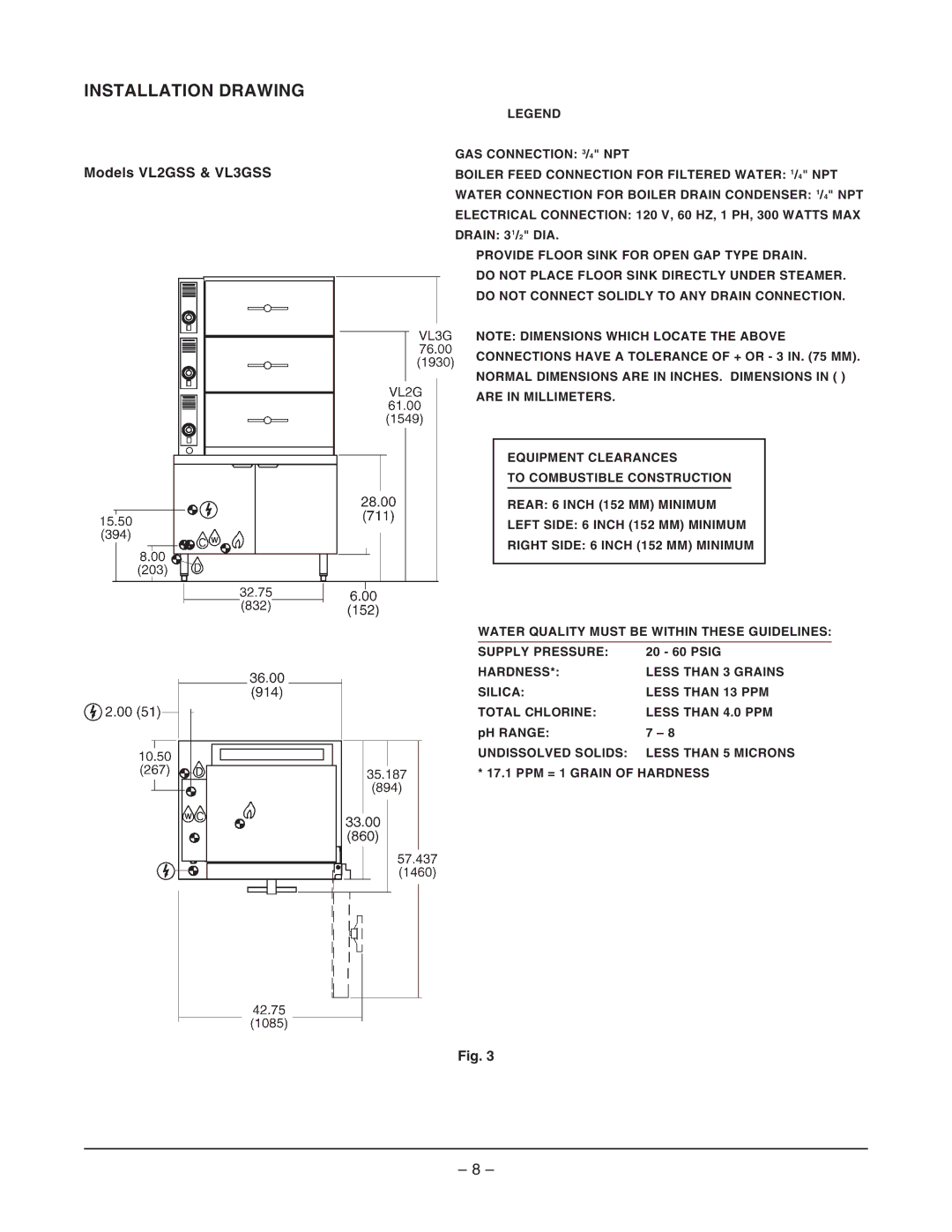 Vulcan-Hart VL3GSS ML-52393, VL2GSS ML-52389 operation manual Installation Drawing, Models VL2GSS & VL3GSS 