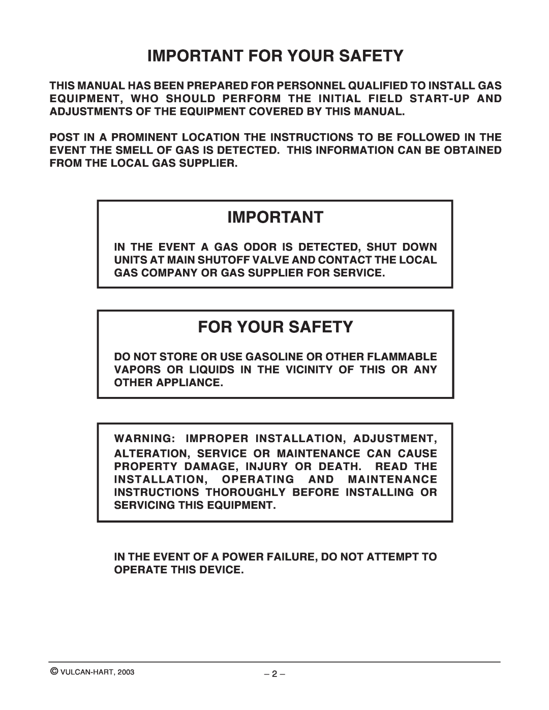 Vulcan-Hart VL3GSS ML-52393, VL2GSS ML-52389 operation manual Important For Your Safety 