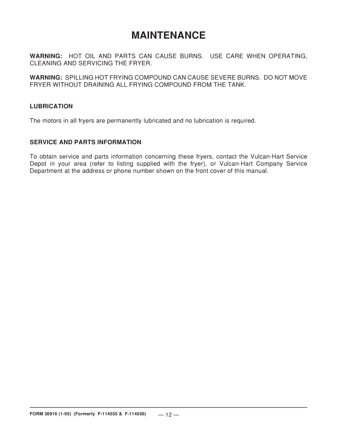 Vulcan-Hart VF2 ML-52915, VMF2D ML-52543, VMF2 ML-52916 Maintenance, Lubrication, Service and Parts Information 