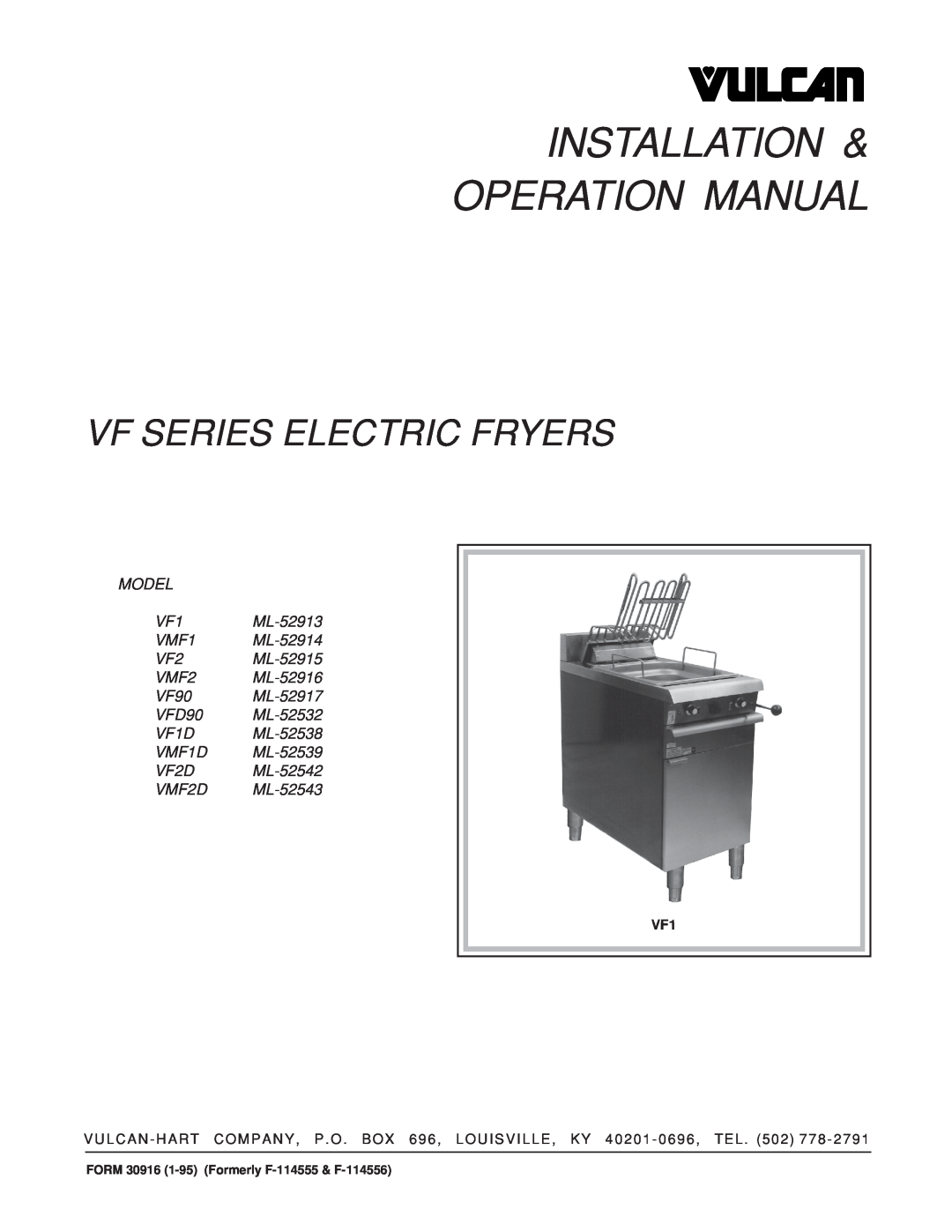 Vulcan-Hart VMF2 ML-52916, VF2 ML-52915 operation manual Vf Series Electric Fryers, VF2D ML-52542 VMF2D ML-52543 