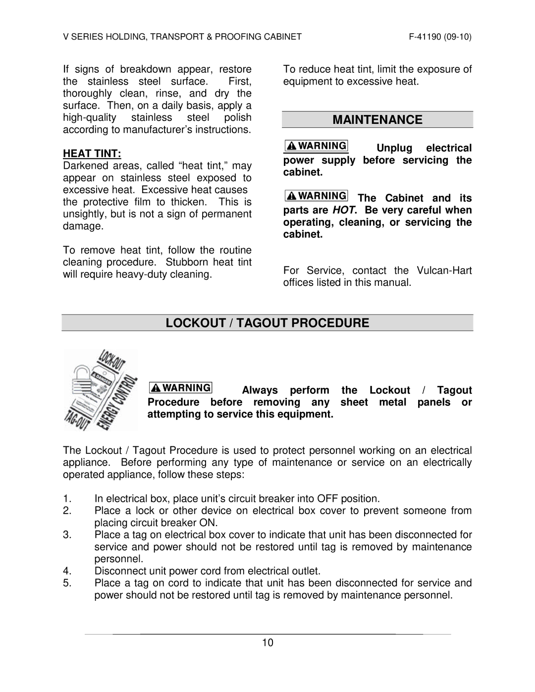 Vulcan-Hart VP18 ML-138089 operation manual Maintenance, Lockout / Tagout Procedure, Heat Tint 