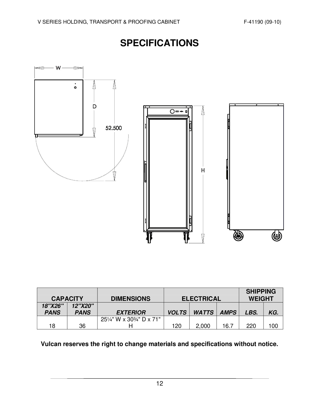 Vulcan-Hart VP18 ML-138089 operation manual Specifications, Capacity Dimensions Electrical Weight 
