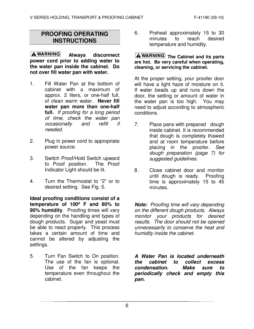 Vulcan-Hart VP18 ML-138089 operation manual Proofing Operating Instructions 