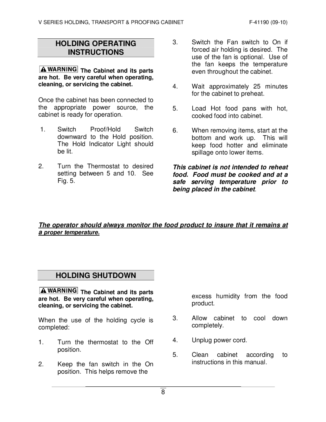 Vulcan-Hart VP18 ML-138089 operation manual Holding Operating Instructions, Holding Shutdown 