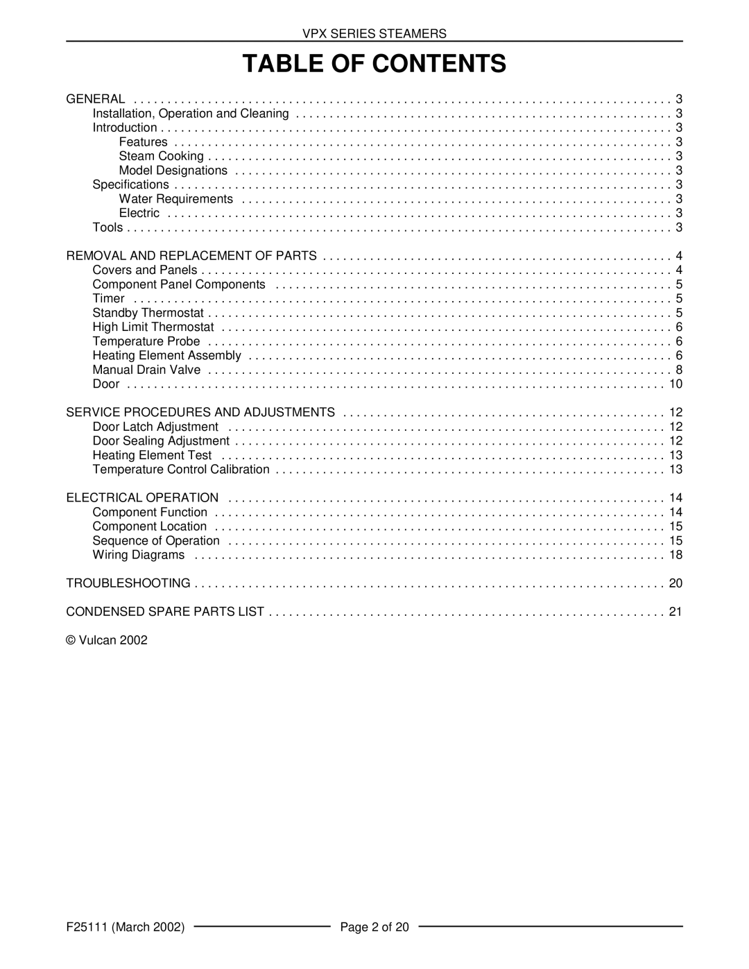 Vulcan-Hart VPX3 126586, VPX5 126588 manual Table of Contents 