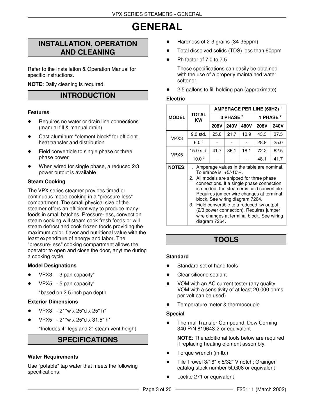 Vulcan-Hart VPX5 126588, VPX3 126586 manual General, INSTALLATION, Operation Cleaning Introduction, Specifications, Tools 