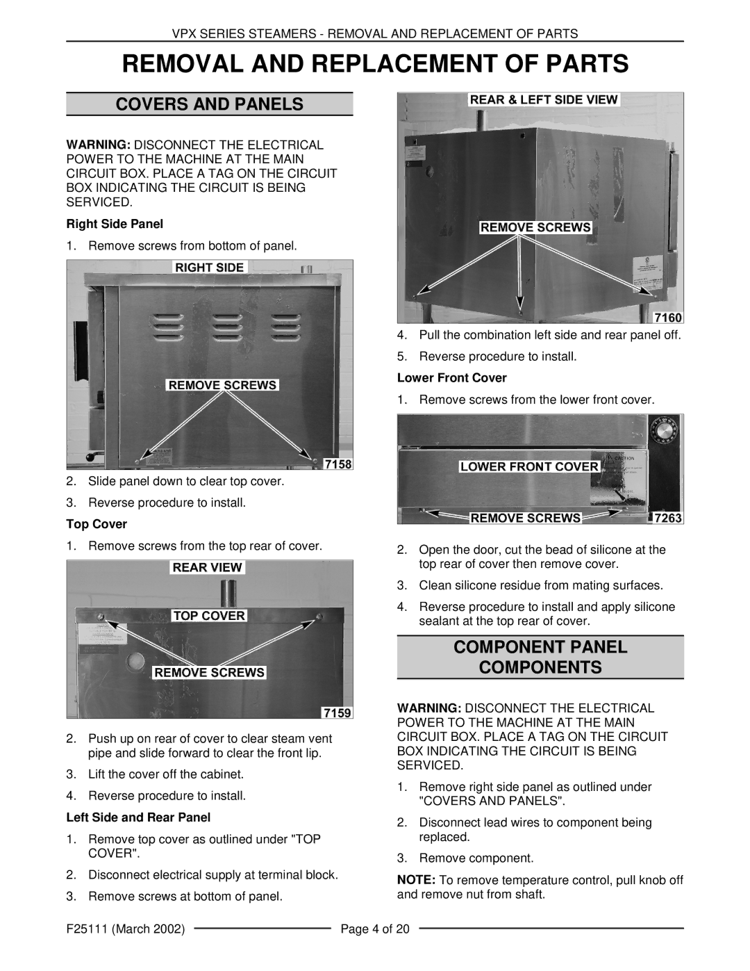 Vulcan-Hart VPX3 126586, VPX5 126588 manual Removal and Replacement of Parts, Covers and Panels, Component Panel Components 