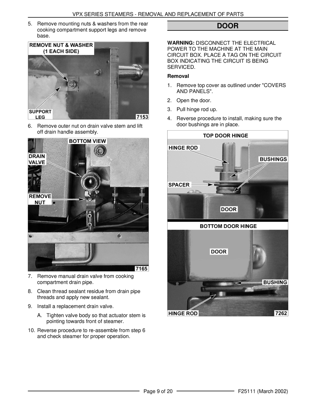 Vulcan-Hart VPX5 126588, VPX3 126586 manual Door, Removal 