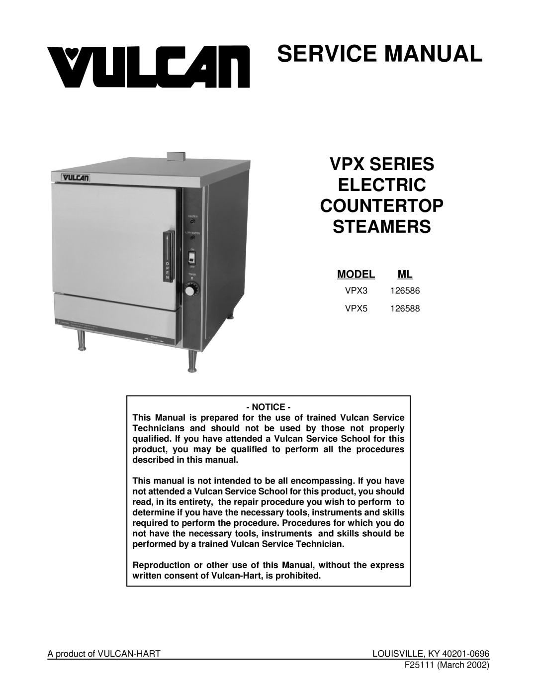 Vulcan-Hart VPX5 126588, VPX3 126586 manual Vpx Series Electric Countertop Steamers, Model Ml 