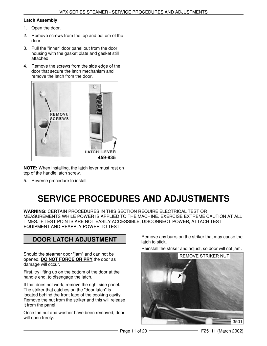 Vulcan-Hart VPX5 126588, VPX3 126586 manual Service Procedures And Adjustments, Door Latch Adjustment 