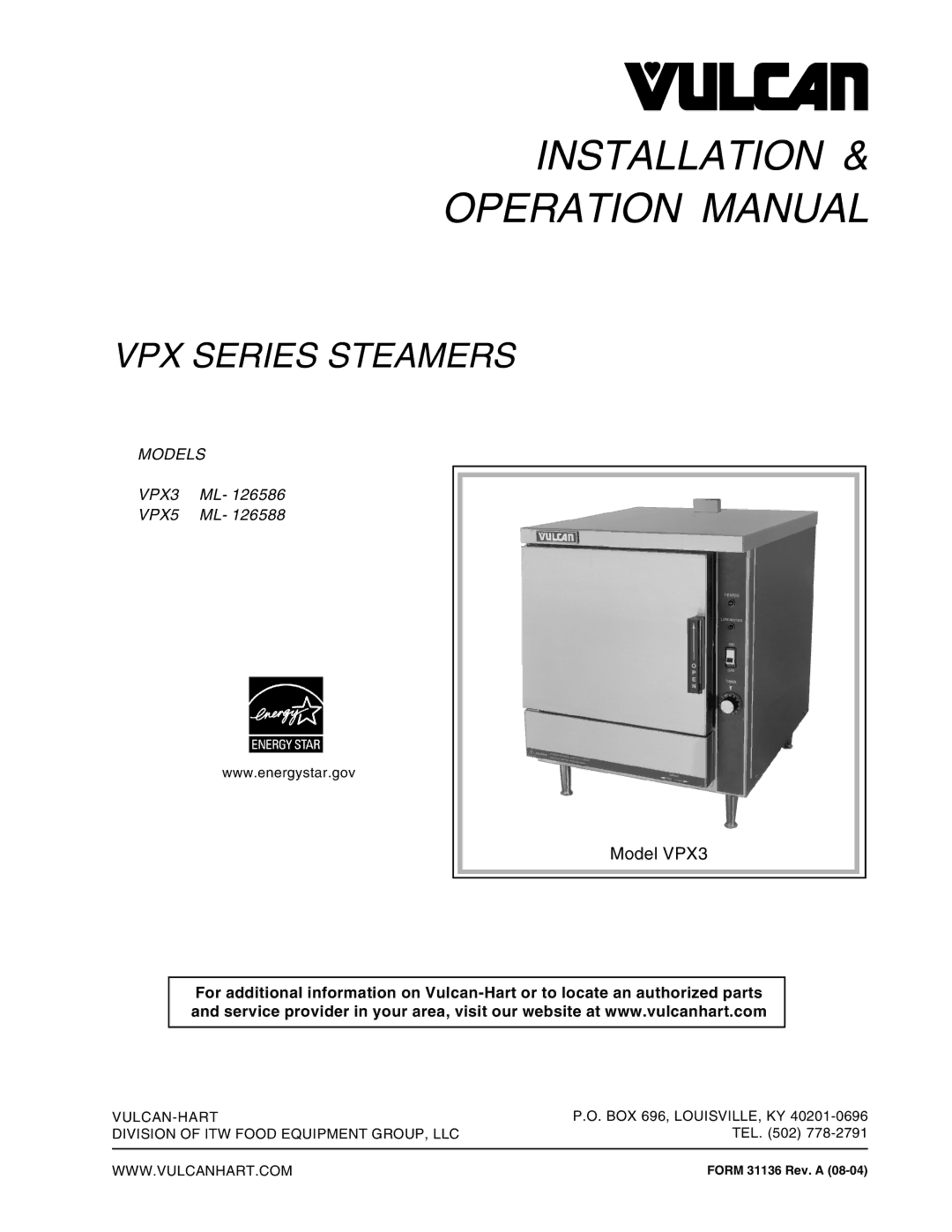 Vulcan-Hart VPX3, VPX5, ML- 126588, ML- 126586 operation manual Installation 