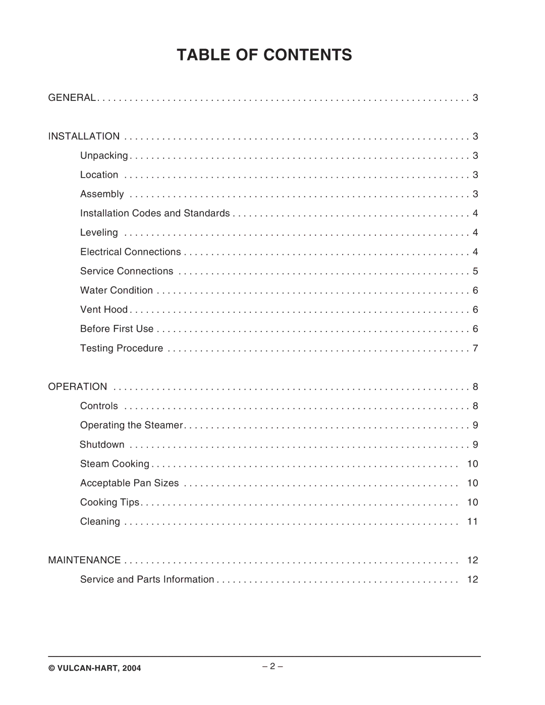 Vulcan-Hart ML- 126588, VPX5, VPX3, ML- 126586 operation manual Table of Contents 