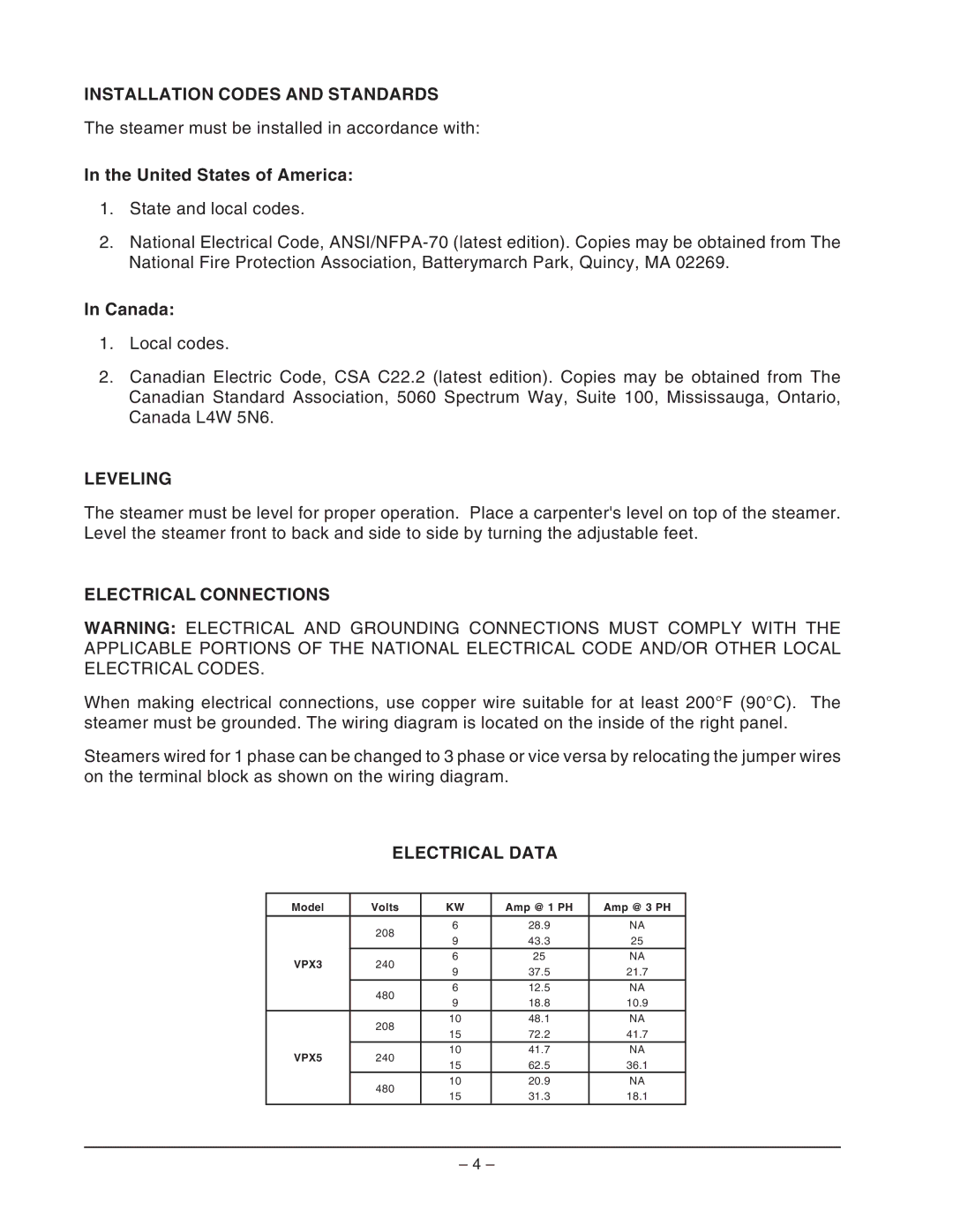 Vulcan-Hart VPX5, VPX3, ML- 126588 Installation Codes and Standards, Leveling, Electrical Connections, Electrical Data 