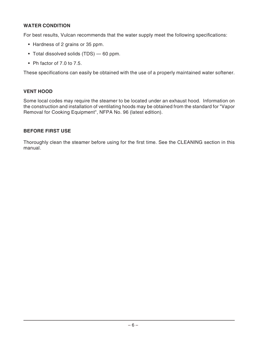 Vulcan-Hart ML- 126588, VPX5, VPX3, ML- 126586 operation manual Water Condition, Vent Hood, Before First USE 