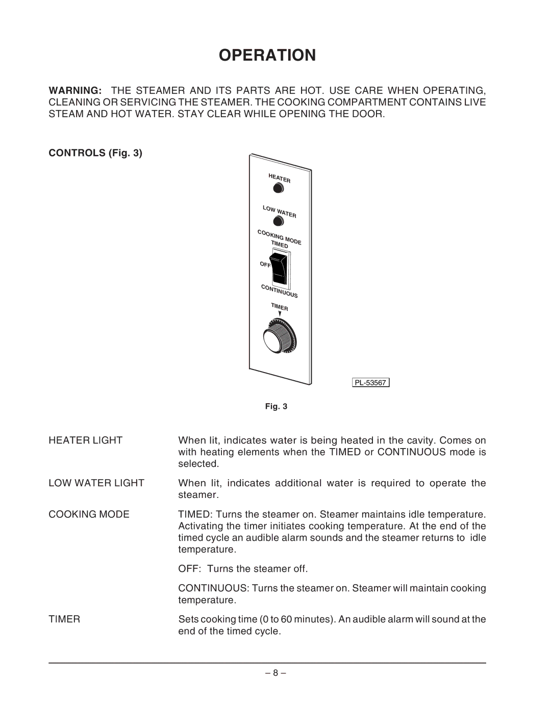 Vulcan-Hart VPX5, VPX3, ML- 126588, ML- 126586 operation manual Operation, Controls Fig 