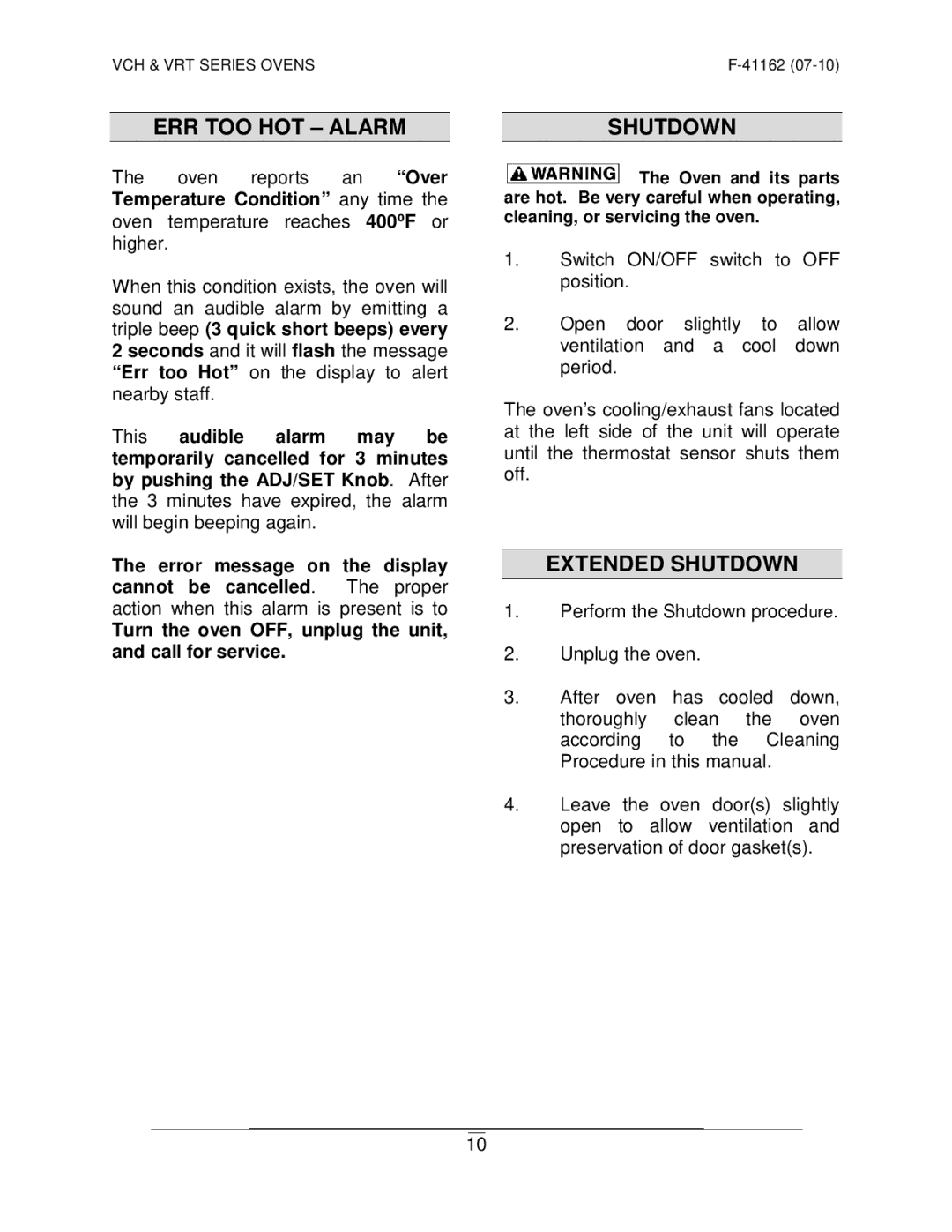 Vulcan-Hart VRT SERIES operation manual ERR TOO HOT Alarm Shutdown, Extended Shutdown 