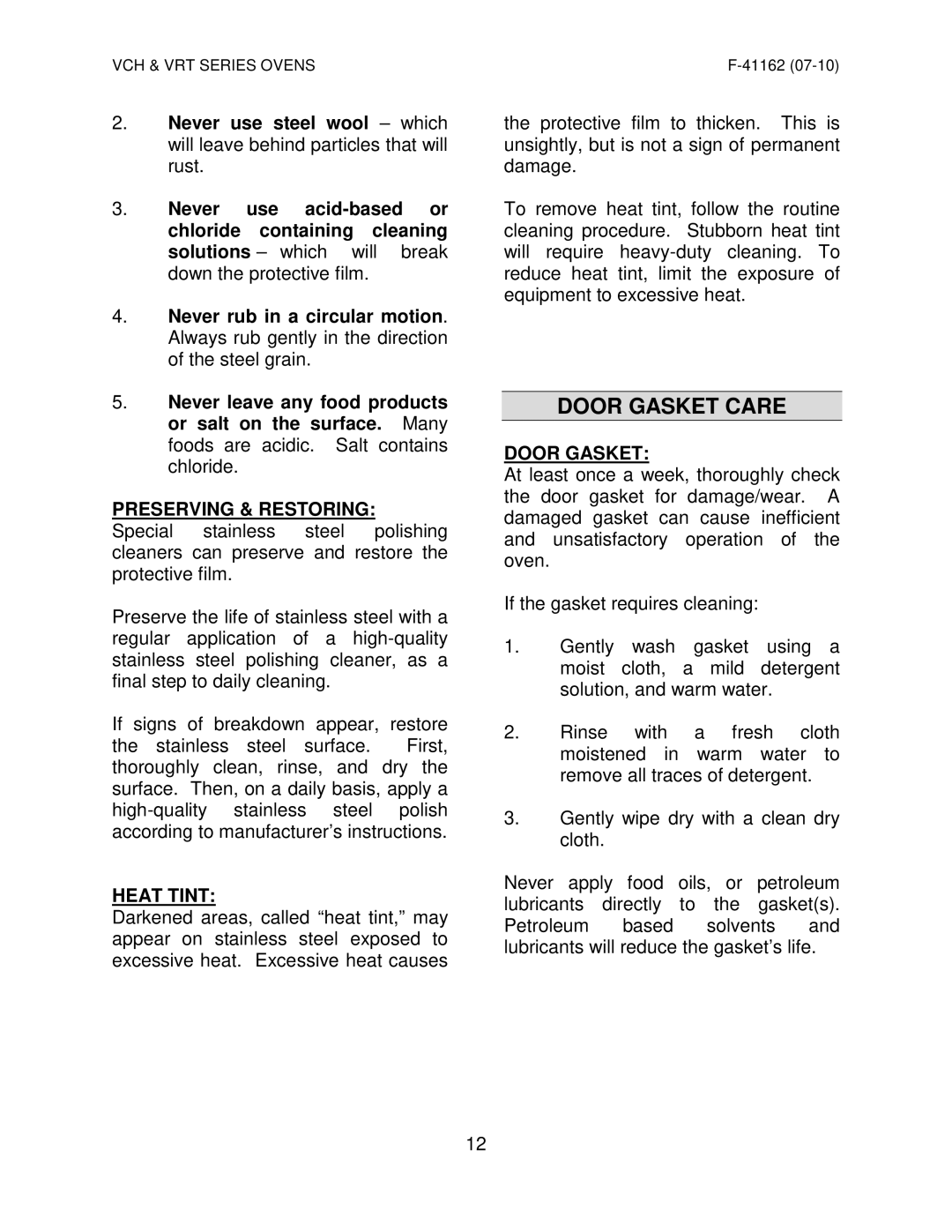 Vulcan-Hart VRT SERIES operation manual Door Gasket Care, Preserving & Restoring, Heat Tint 