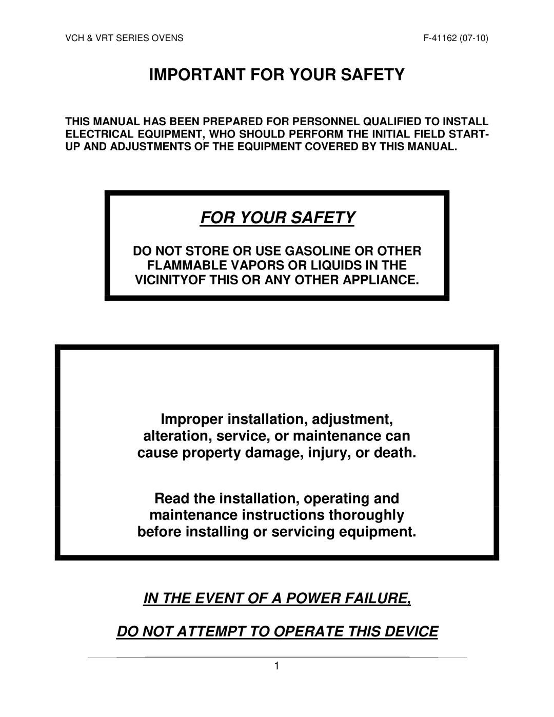 Vulcan-Hart VRT SERIES operation manual Important for Your Safety, For Your Safety 