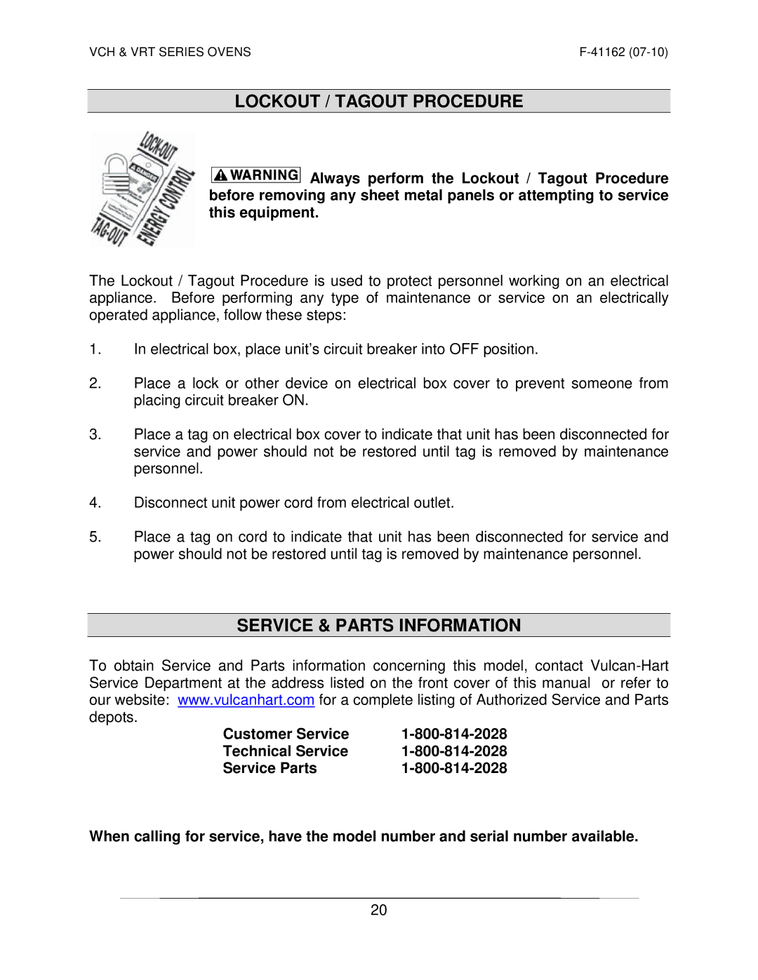 Vulcan-Hart VRT SERIES operation manual Lockout / Tagout Procedure, Service & Parts Information 