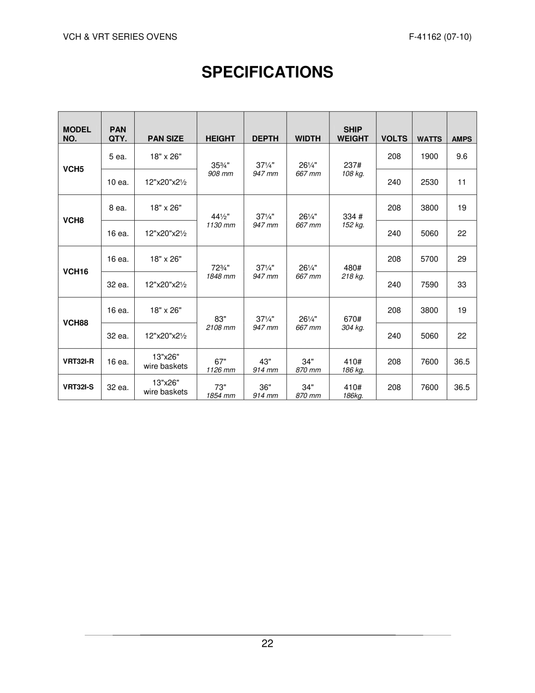 Vulcan-Hart VRT SERIES operation manual Specifications, VCH88 