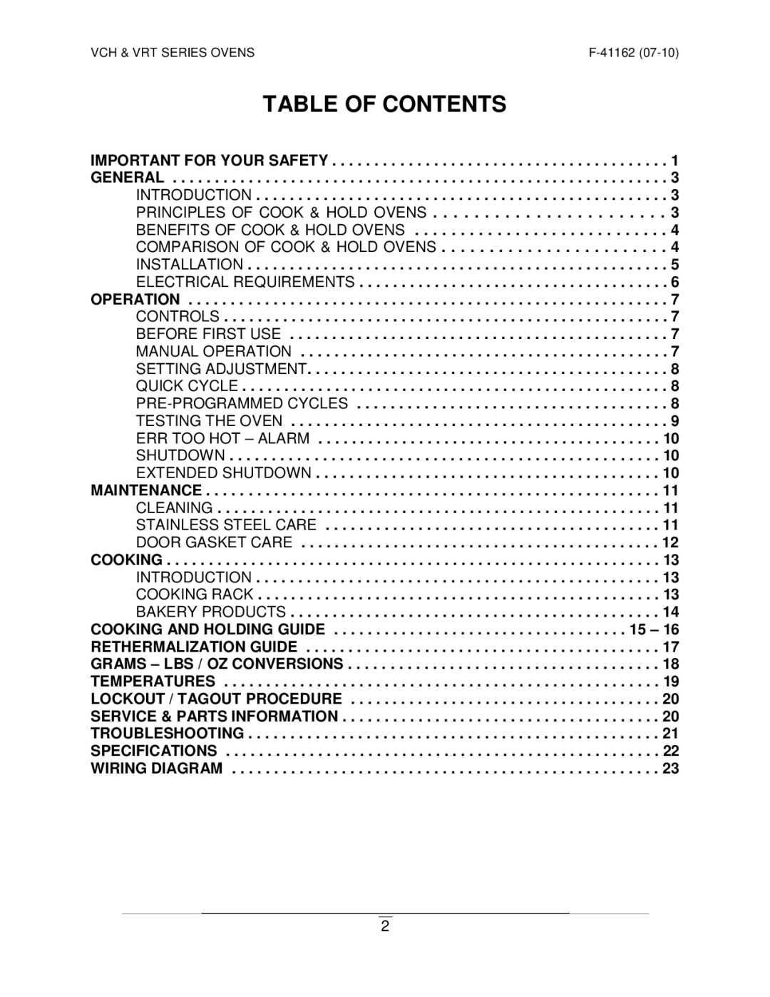 Vulcan-Hart VRT SERIES operation manual Table of Contents 